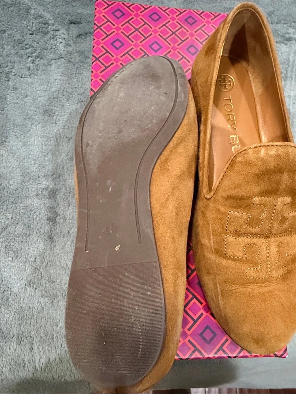 Tory Burch Camel Suede Slip-On Smoking Slipper